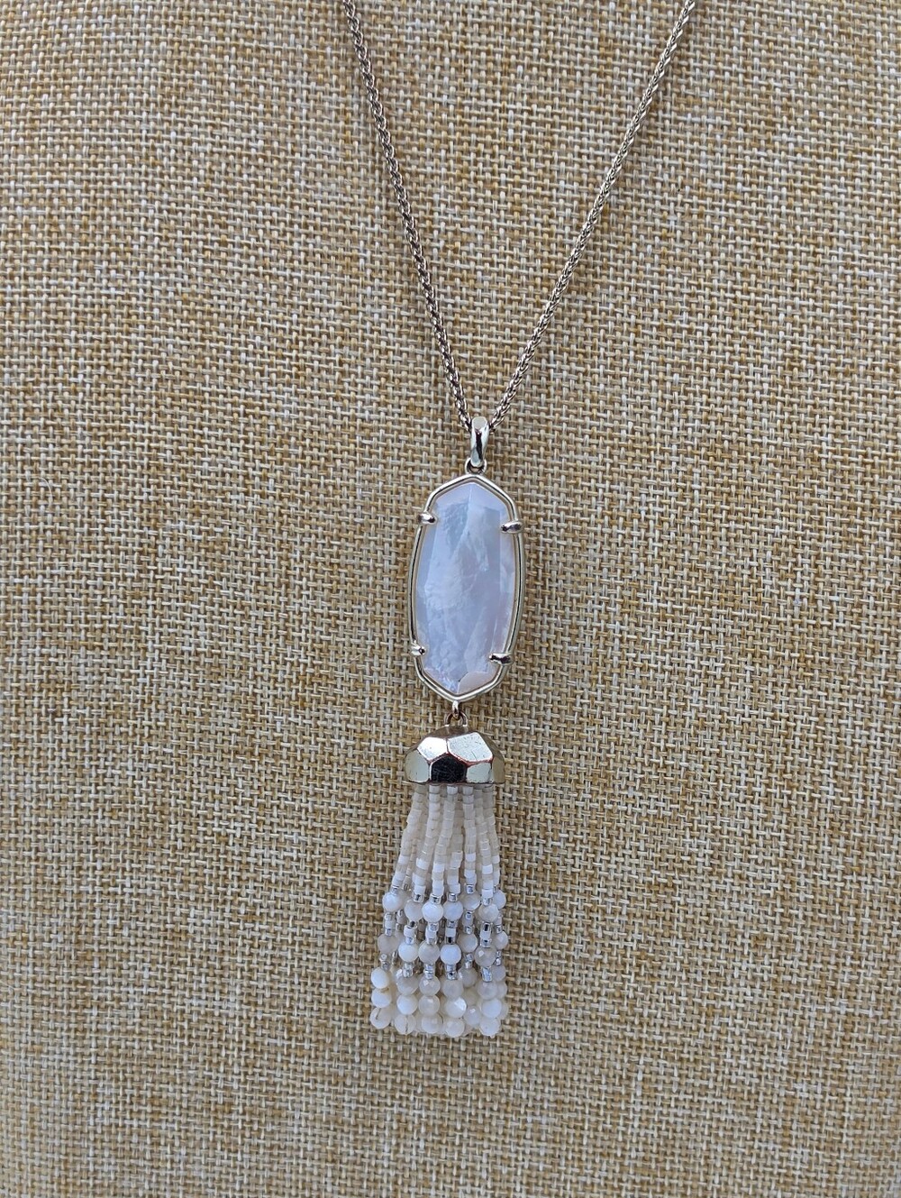Kendra Scott Eva White Stone Tassel Pendant Necklace Beaded Fringe Adjustable